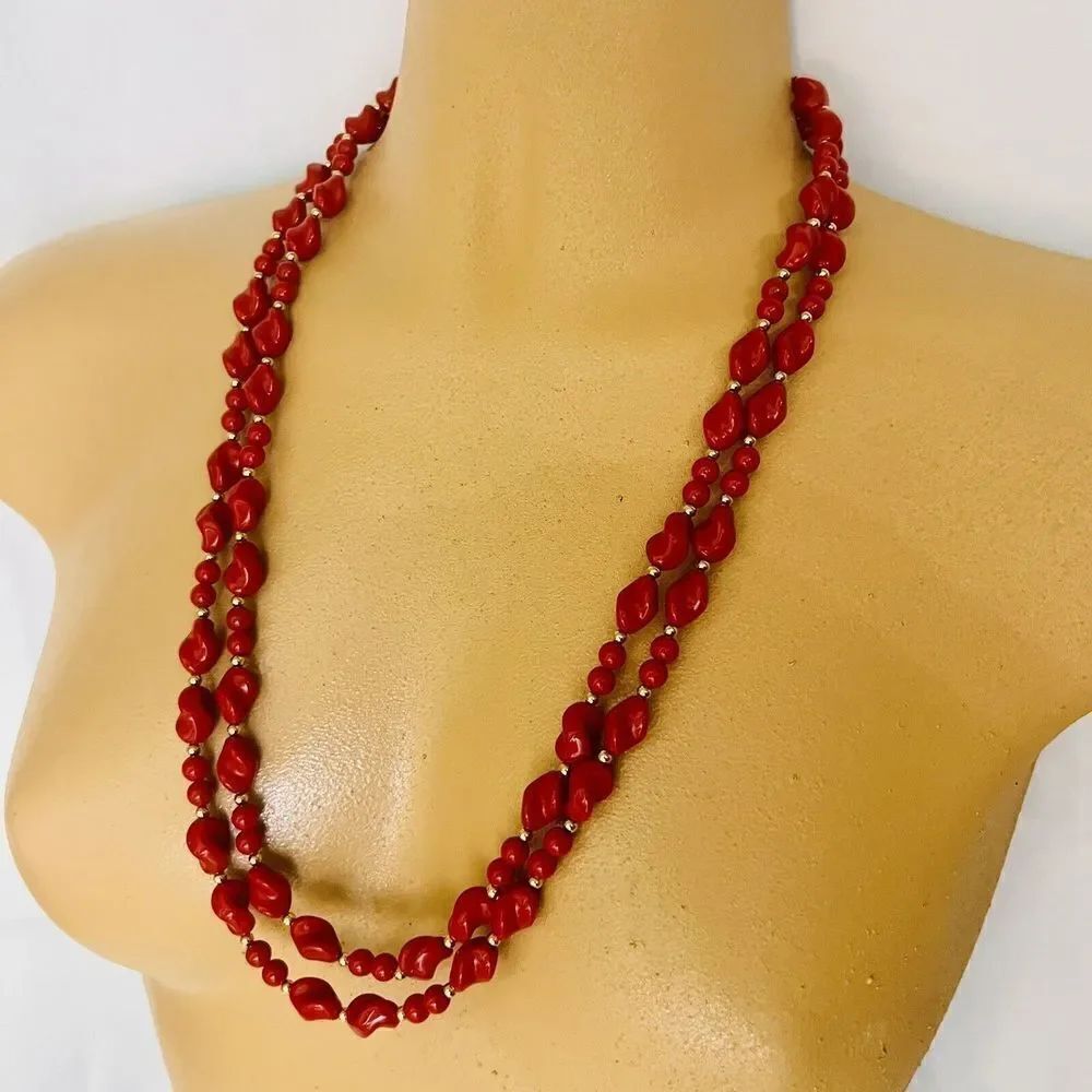 Vintage Trifari Necklace 2 Strand Lucite Swirling Red Gold Beads Beaded Signed